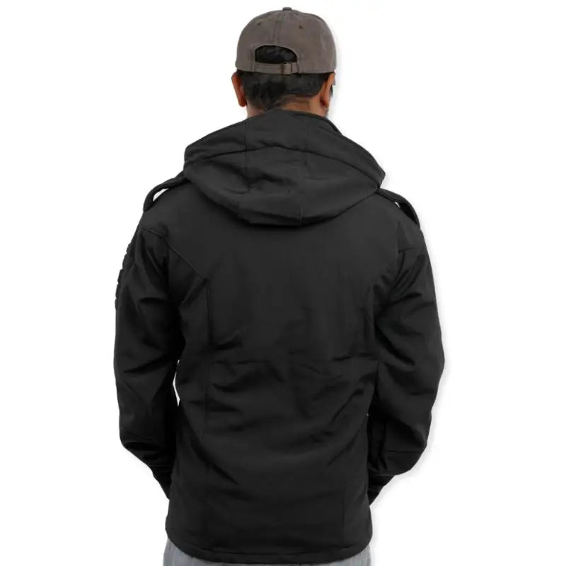 Black NLTW men's tactical hooded softshell winter jacket with windproof design, suitable for cold weather and outdoor activities.