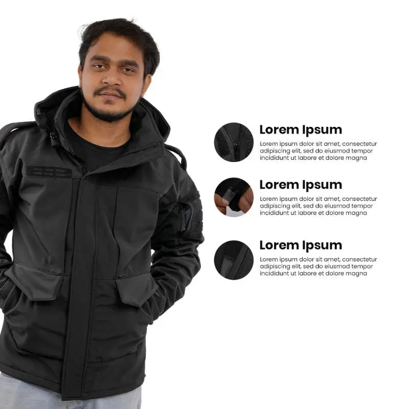 Black NLTW men's tactical hooded softshell winter jacket with windproof features, suitable for cold weather outdoor activities.
