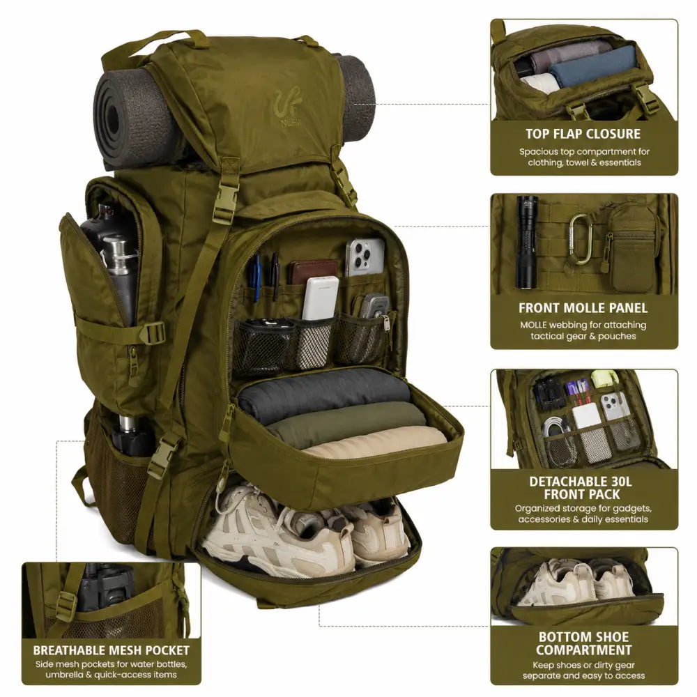 NLTW Military-Style 95 Litres Travel Backpack Large Capacity Adventure & Outdoor Rucksack - Green / 95 litres - Rucksack