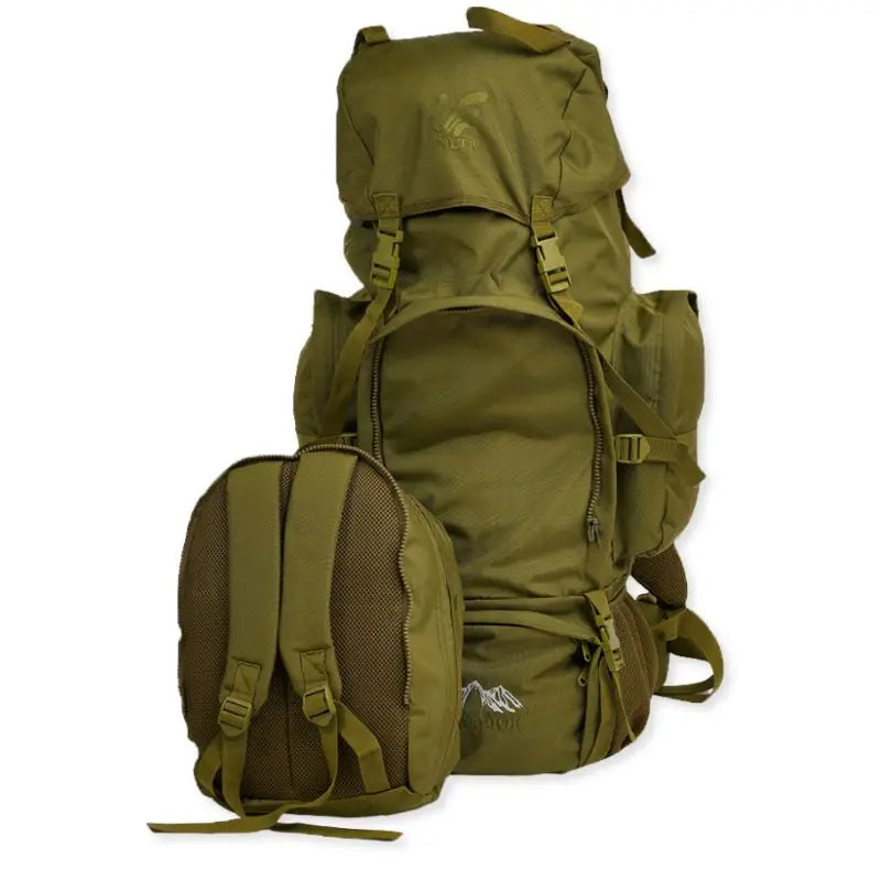 Green NLTW military-style 95L travel backpack with large capacity outdoor rucksack, featuring multiple compartments and durable straps.