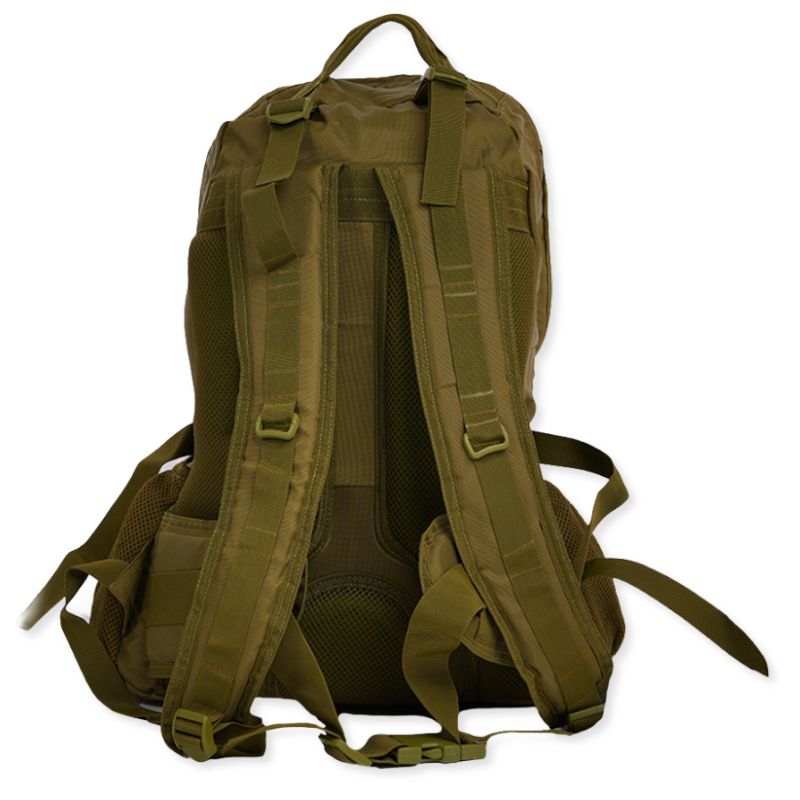 OLIVE GREEN NLTW Tactical 45L backpack with MOLLE front panel, military-style design, and adjustable straps.