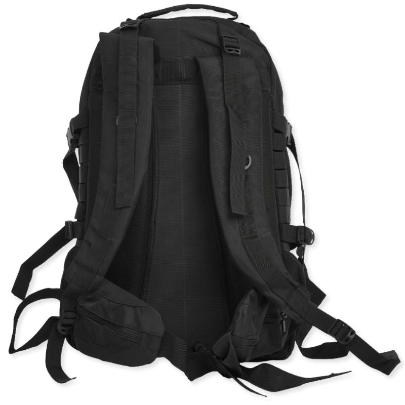 Black NLTW Tactical Day Backpack with 55L capacity, MOLLE front panel, military-style design, and multiple compartments.
