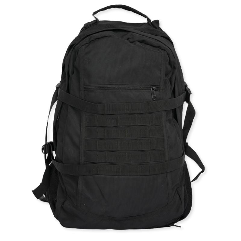 Black NLTW Tactical Day Backpack with 55L capacity, MOLLE front panel, military-style design, suitable for outdoor and tactical use.