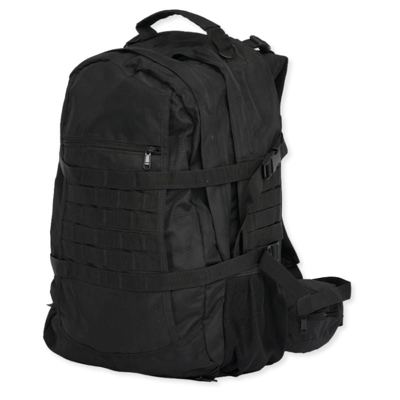 Black NLTW Tactical Day Backpack with 55-litre capacity, MOLLE front panel, military-style design, and adjustable straps.