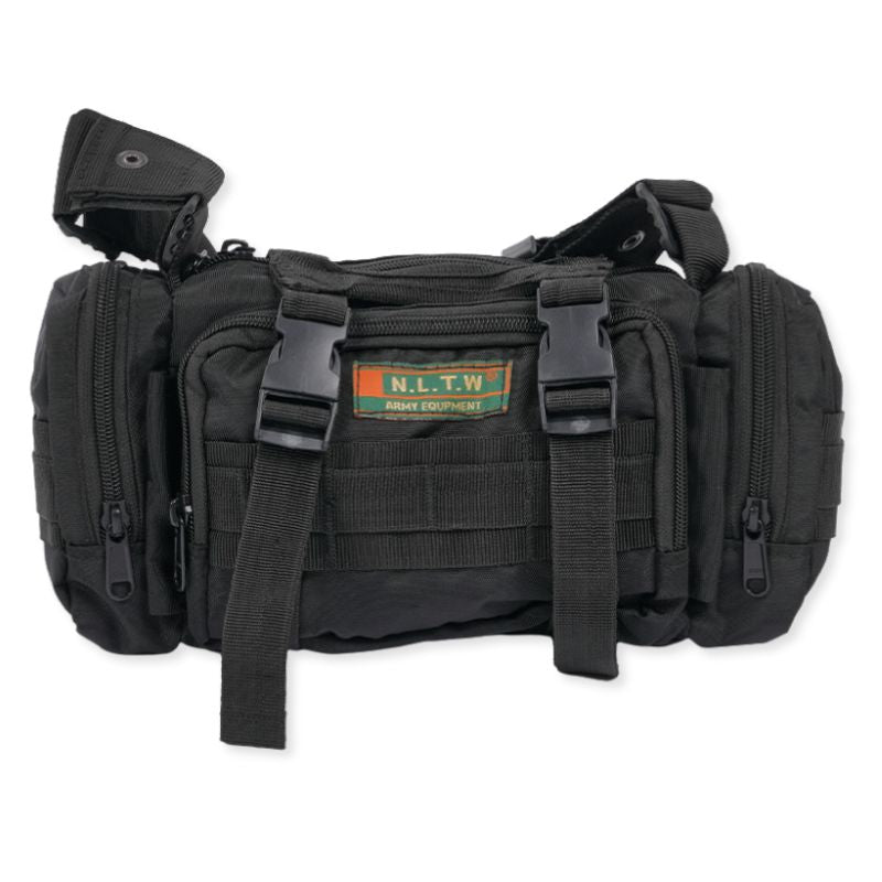 NLTW tactical duffel bag in black with multiple compartments, military-style waist and sling bag for outdoor or travel use.