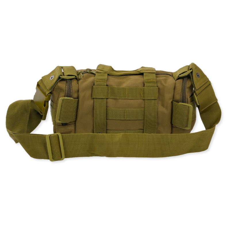 Green NLTW tactical duffel bag with multiple compartments, military-style waist and sling design, shown with zippers and straps