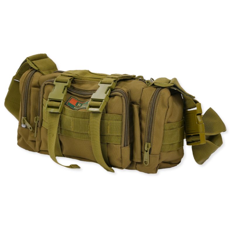 Green NLTW tactical duffel bag with multiple compartments, military-style design, and adjustable waist and sling straps.