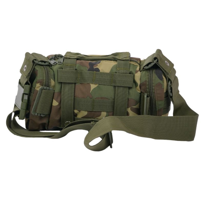 Camouflage NLTW tactical duffel bag with multiple compartments, military-style waist and sling design, durable and versatile.