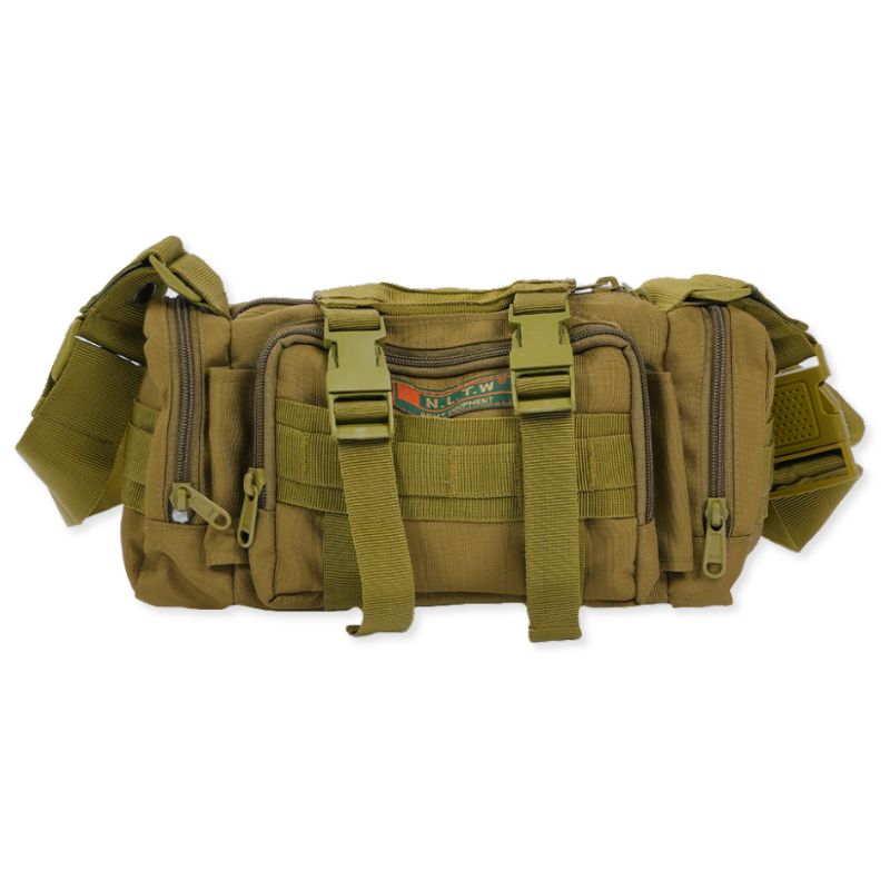 Green NLTW tactical duffel bag with multiple compartments, military-style design, and adjustable waist and sling straps.