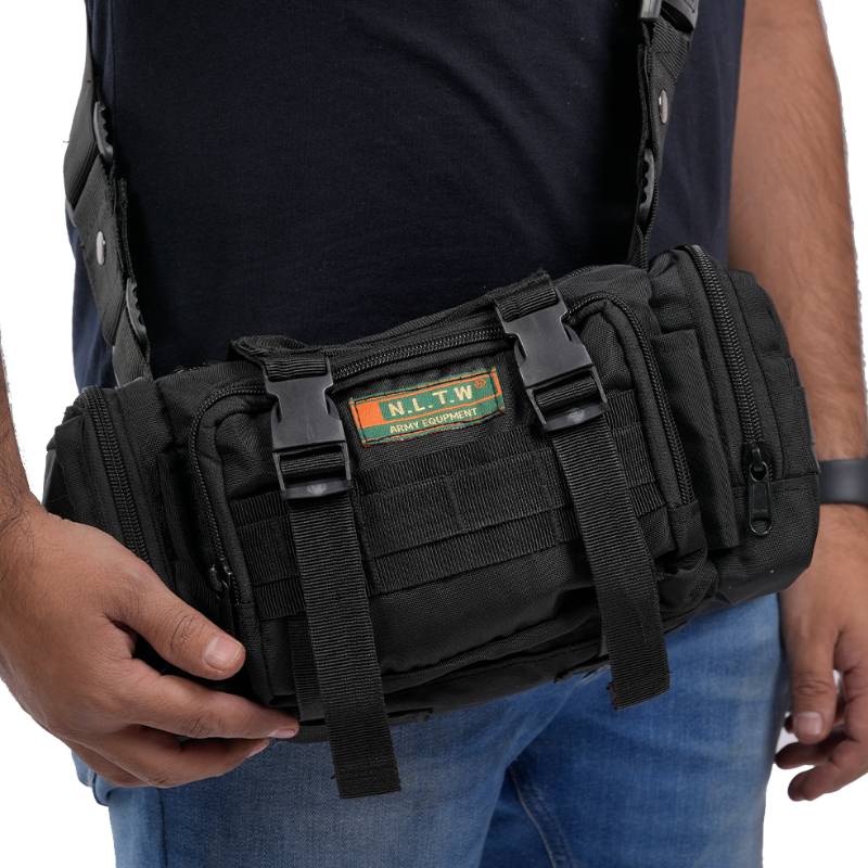 Black NLTW Tactical Duffel Bag with multiple compartments, military-style design, and adjustable waist and sling straps.
