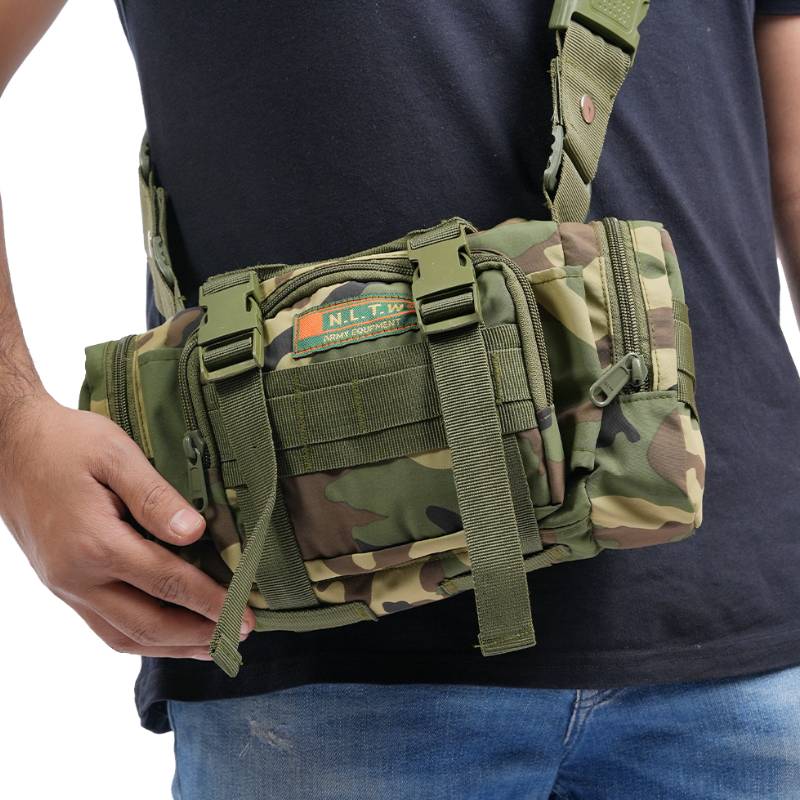 NLTW tactical duffel bag in camouflage with multiple compartments, military-style design, and adjustable waist and sling straps.