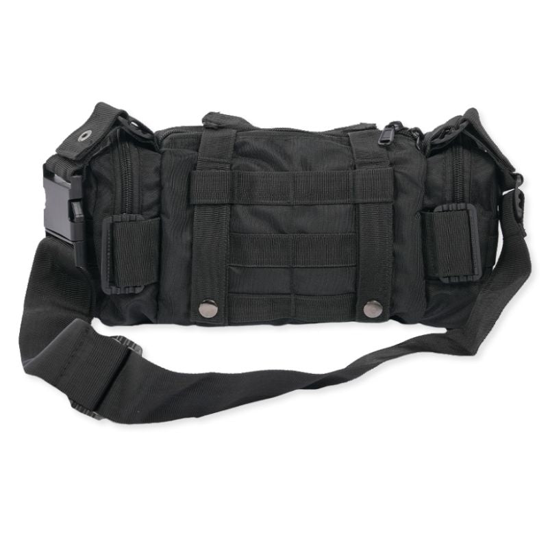 Black NLTW tactical duffel bag with multiple compartments, military-style design, and adjustable straps.