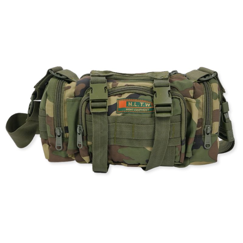 Camouflage NLTW tactical duffel bag with multiple compartments, military-style design, and adjustable waist and sling straps.