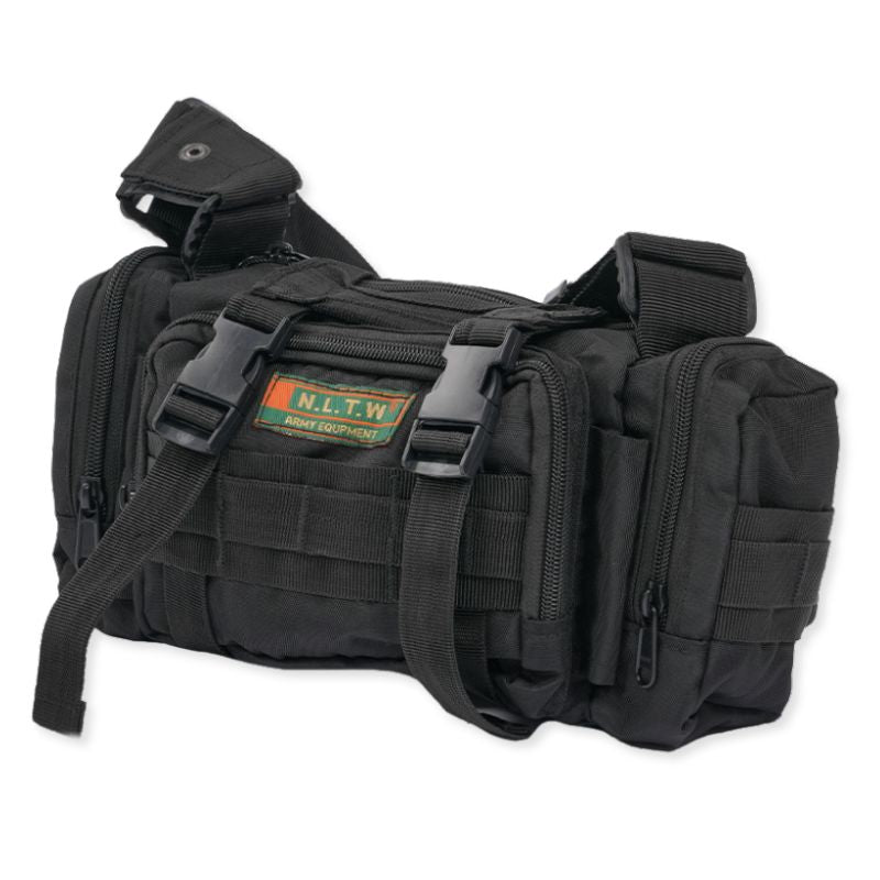 Black NLTW tactical duffel bag with multiple compartments, military-style design, and adjustable waist and sling straps.