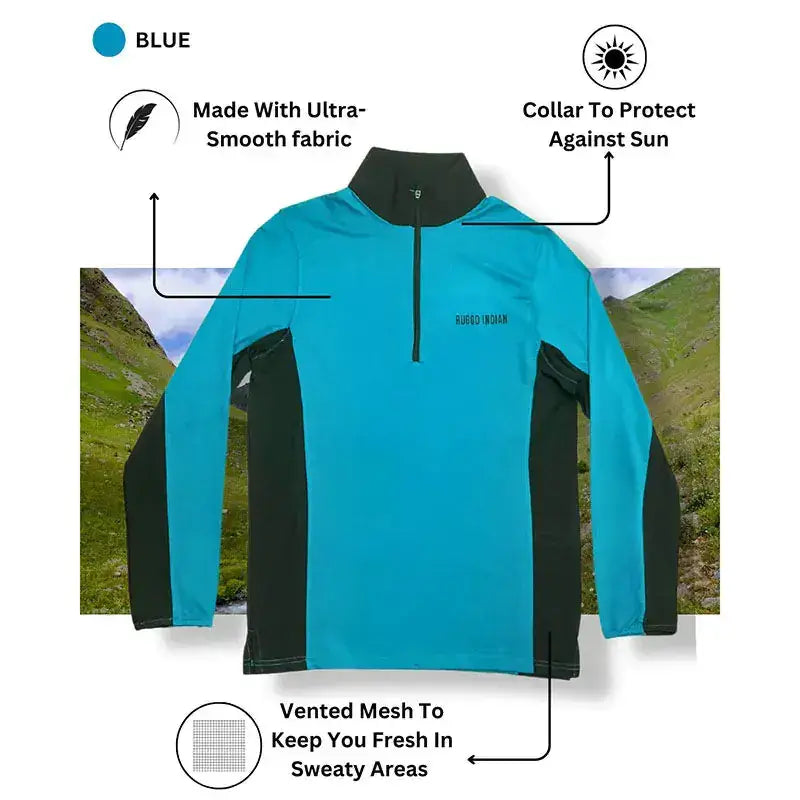 Blue Ruggd Indian men's breathable hiking and trek T-shirt displayed on a mannequin. Lightweight, comfortable outdoor apparel.