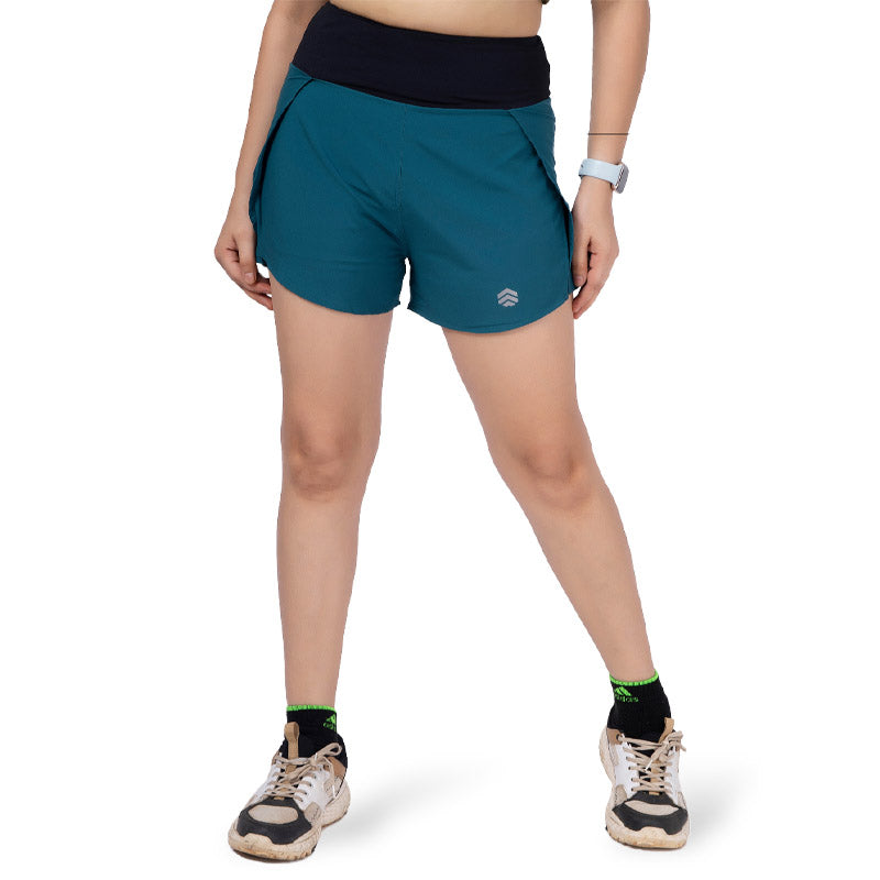 Ruggd Indian women's feather light running active speed shorts in vibrant green fabric, designed for comfort and performance.