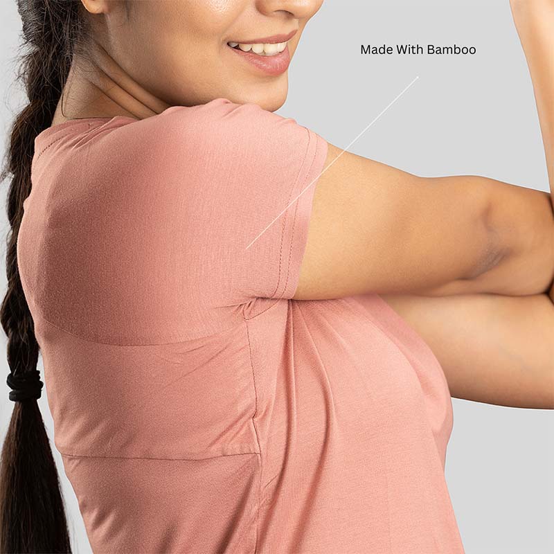 Indian women's Ruggd bamboo training T-shirt with odor-resistant fabric, lightweight and comfortable for active wear.