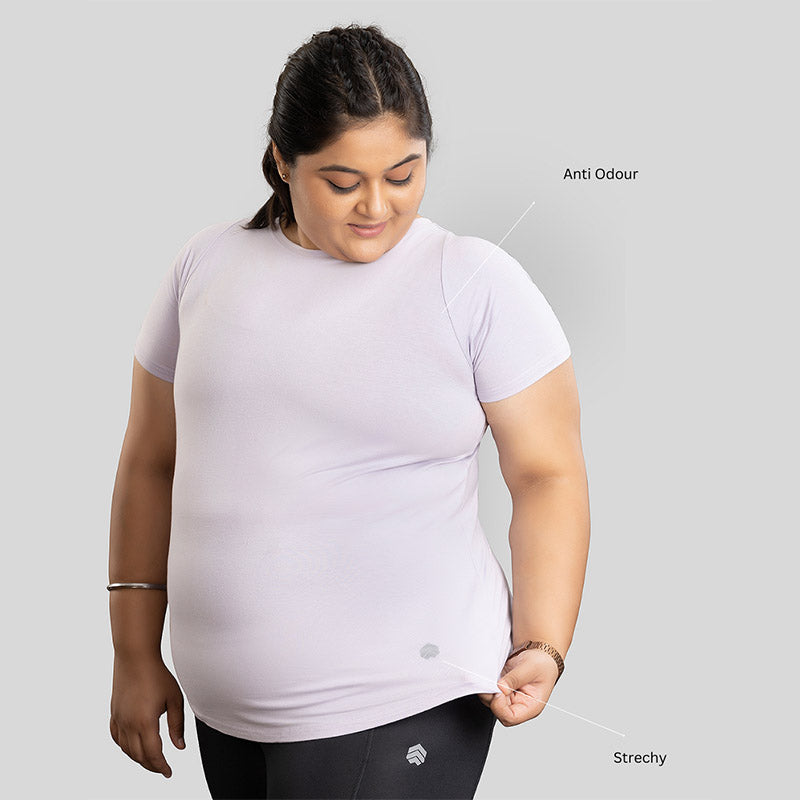 Ruggd Indian women's odor-resistant bamboo training T-shirt in lavender, showcasing soft fabric and comfortable fit.
