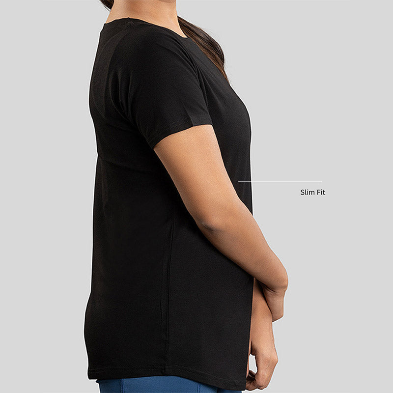 Black Ruggd Indian women's odor-resistant bamboo training T-shirt displayed on a hanger with a simple background.