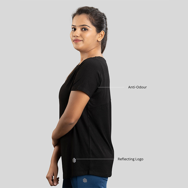 Black Ruggd Indian women's odor-resistant bamboo training T-shirt with a comfortable fit, designed for active wear.