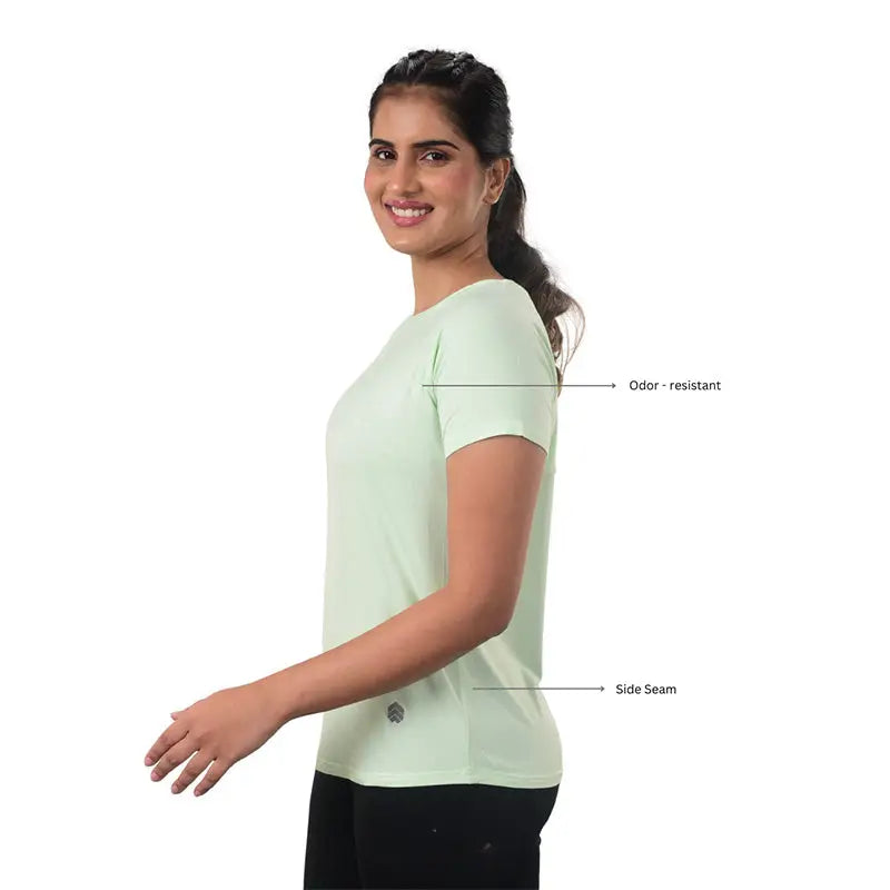 Indian women's odor-resistant bamboo training T-shirt by Ruggd Indian, featuring a comfortable fit and natural fabric.