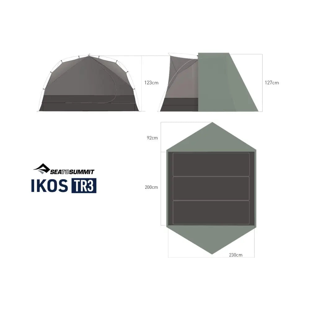Sea to Summit Ikos TR3 three-person tent set up outdoors with gray fabric and mesh windows, designed for camping and outdoor adventures.