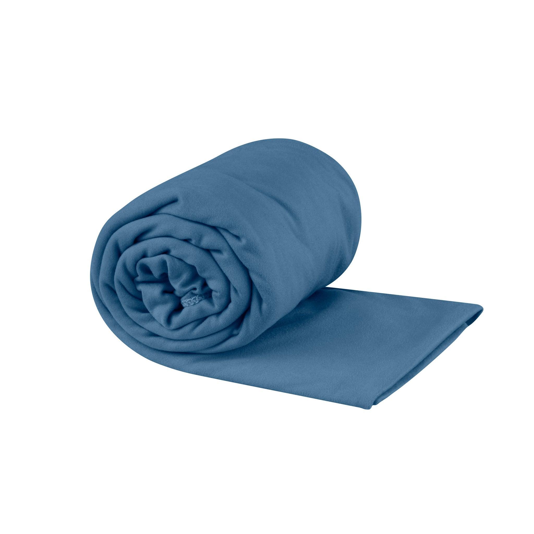 Sea to Summit Pocket Quick Dry Towel in moonlight blue, compact and lightweight camping towel with quick-drying fabric.