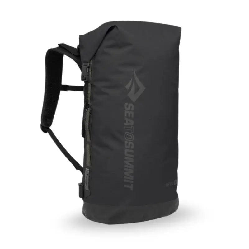 Sea to Summit Waterproof Big River Dry Backpack in black, 50-liter capacity, featuring secure roll-top closure and durable waterproof material.