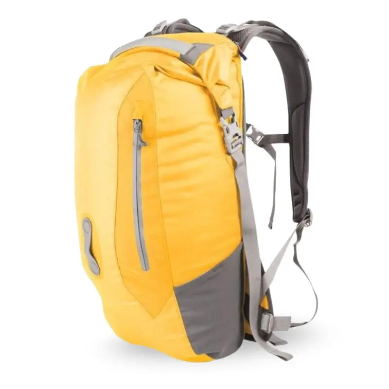 Yellow Sea to Summit waterproof climbing backpack with 26L capacity, featuring secure straps and dry compartments for outdoor adventures.