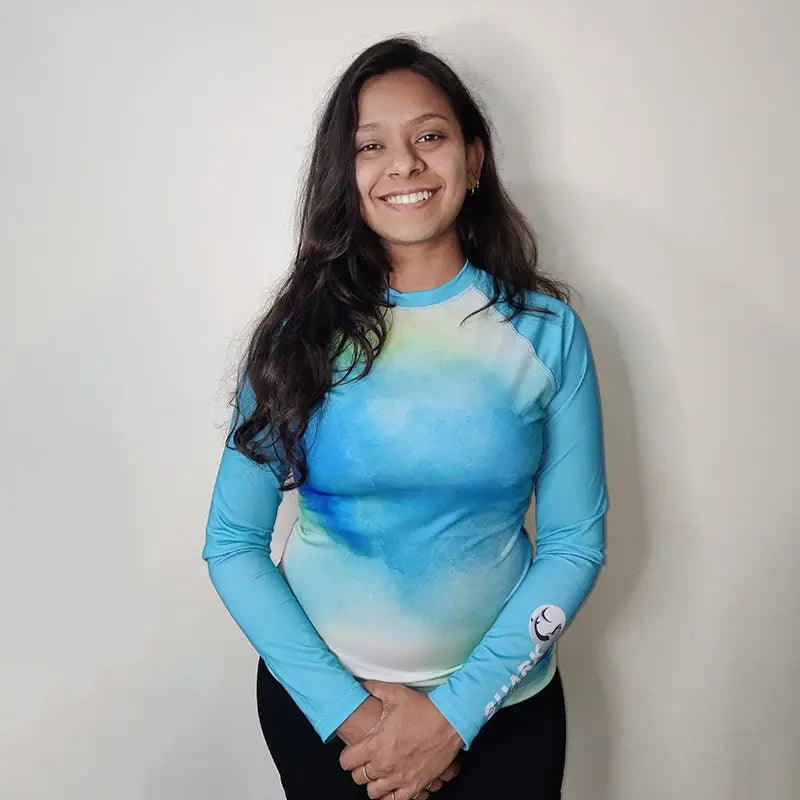 Shark Mate women's full sleeve UV rash guard T-shirt for water sports, with lightweight, quick-drying fabric and sun protection.