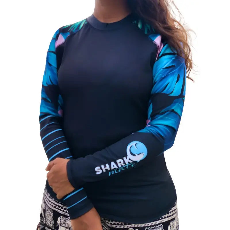 Shark Mate women's water sports rash guard T-shirt in tropical black with full sleeves and UV protection for swimming and surfing.