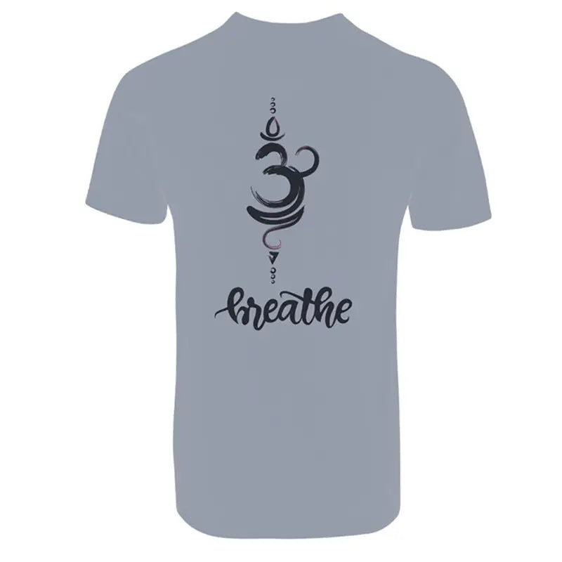 Two SKiD O2 Women's Om Breathe printed T-shirts in gray, featuring comfortable fabric and Om design, shown laid flat.