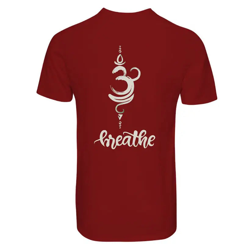 Red SKiD O2 Women's Om Breathe printed T-shirt, front view showing bold Om design on soft cotton fabric.