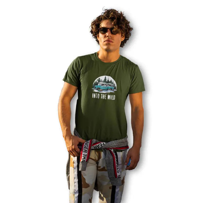 The Mahua Store Men’s Into the Wild Print T-shirt - Olive / XS - T-shirt