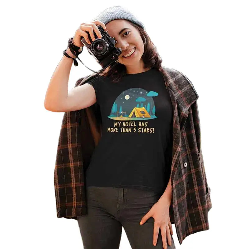 The Mahua Store Women’s Camp Under The Sky Print T-shirt - Black / XS - T-shirt