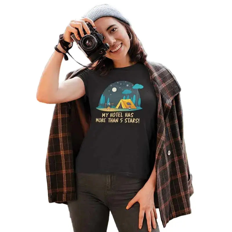 The Mahua Store Women’s Camp Under The Sky Print T-shirt - Gray / XS - T-shirt