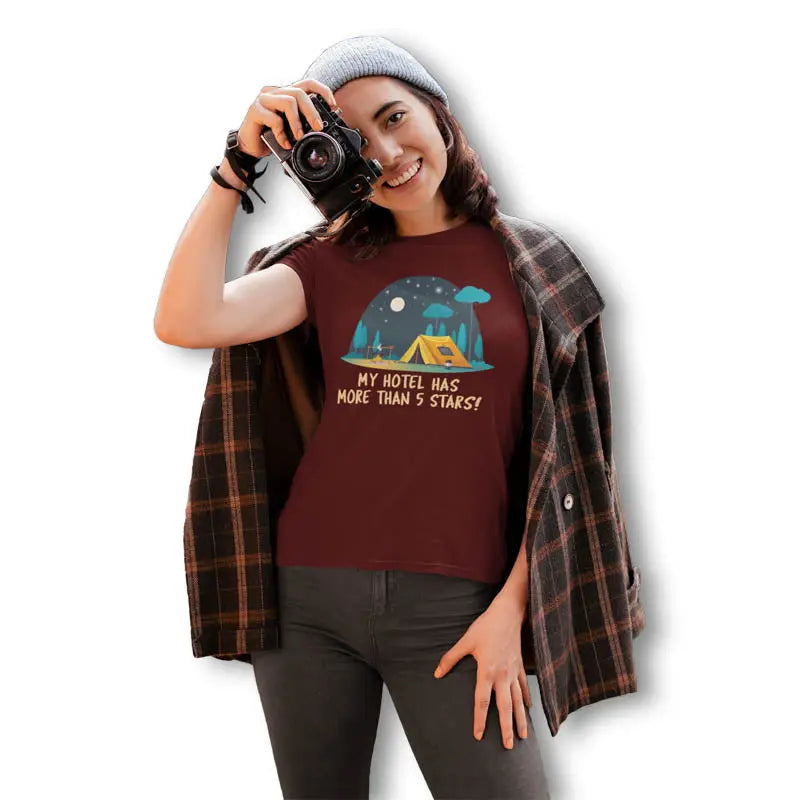 The Mahua Store Women’s Camp Under The Sky Print T-shirt - Red / XS - T-shirt