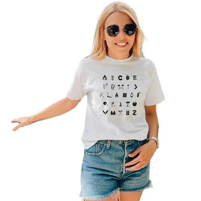 The Mahua Store Women’s Camping A to Z Print T-shirt - White / XS - T-shirt