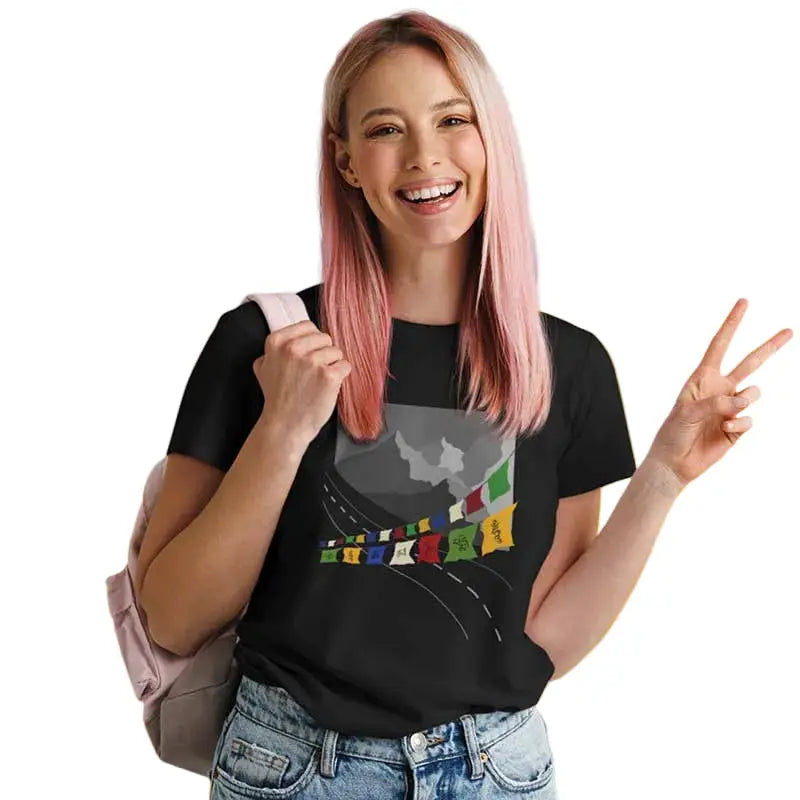 The Mahua Store Women’s Prayer Flag Print T-shirt - Black / XS - T-shirt