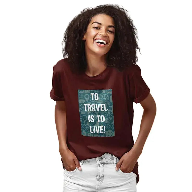 The Mahua Store Women’s To Travel Is to Live Print T-shirt - Red / XS - T-shirt