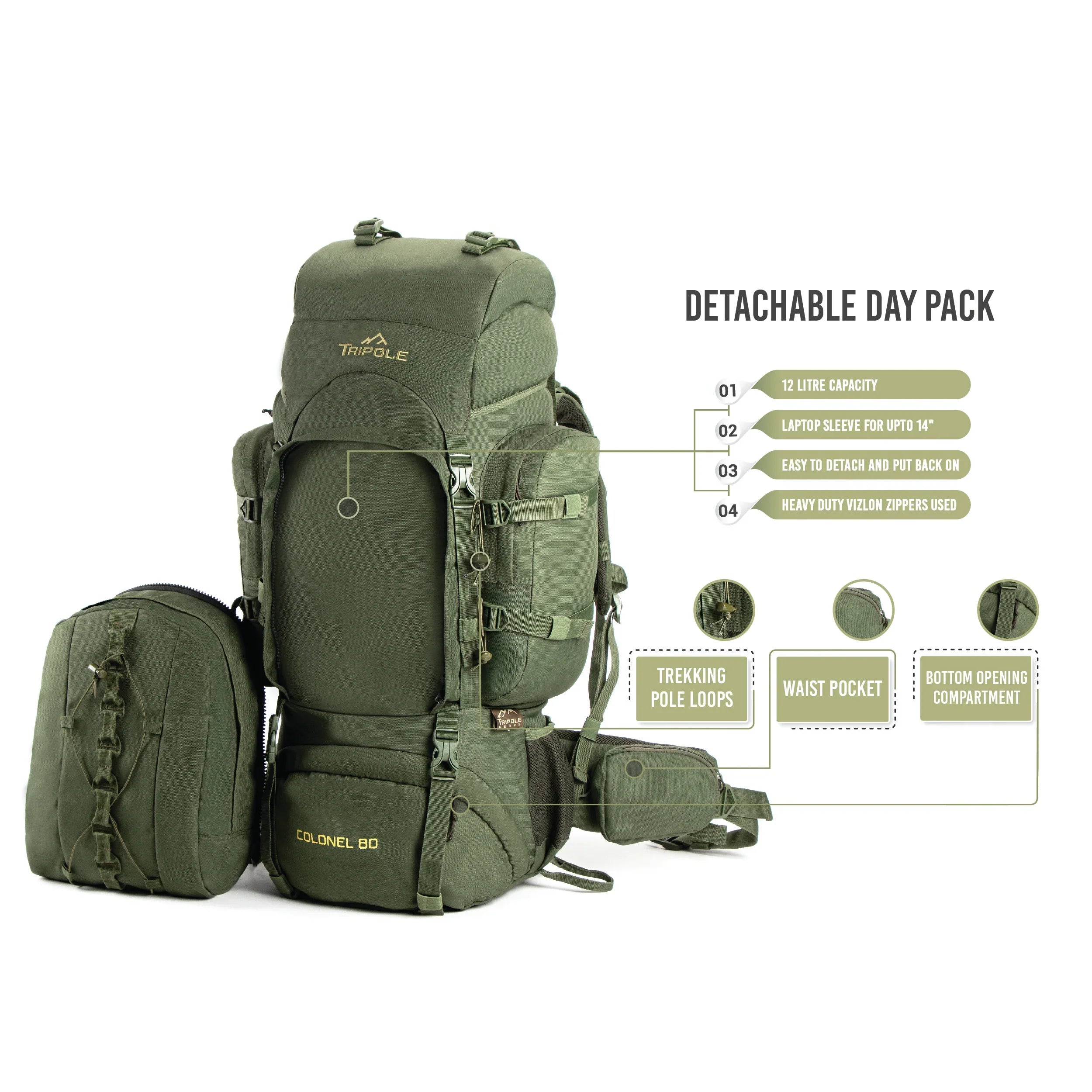 Tripole Colonel 80 Litre Rucksack + Detachable Day Pack & Rain Cover - Rucksacks and Backpacks