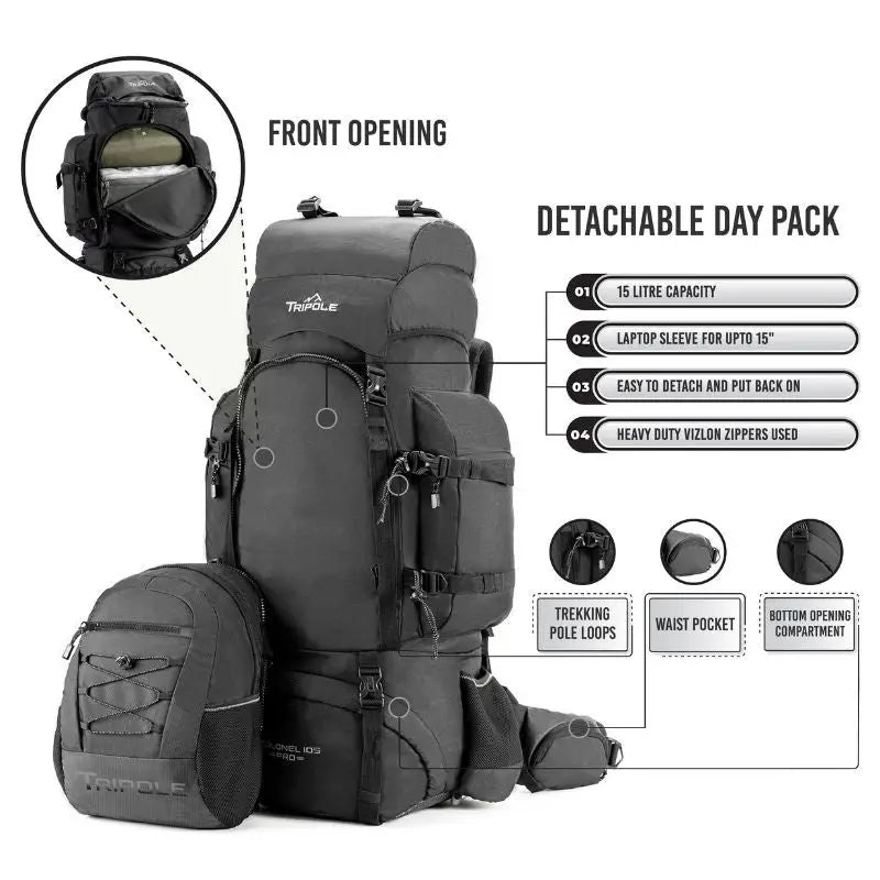 Tripole Colonel Pro Metal Frame 105 Litre Rucksack Front Opening with Detachable Bag and Rain Cover - Rucksacks