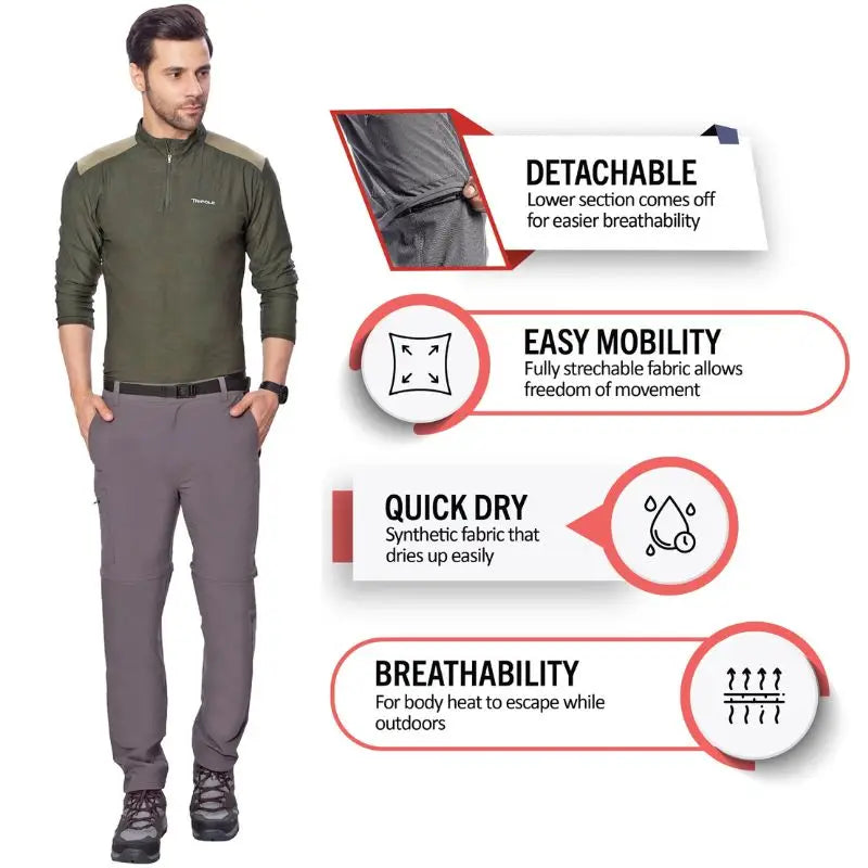 Tripole Men’s Stretchable Pants for Hiking and Trekking with Detachable Lower - Cargos and Pants