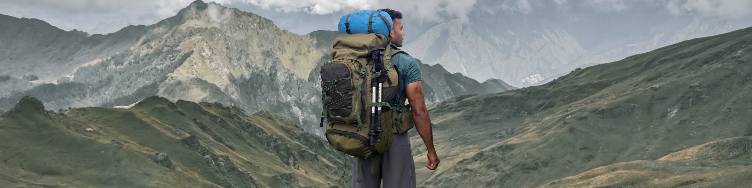 Men with the backpack on mountain 