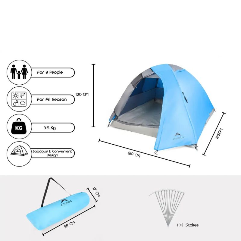 Adventra 3 Person Camping Tent - Blue / 3 Persons - Tent