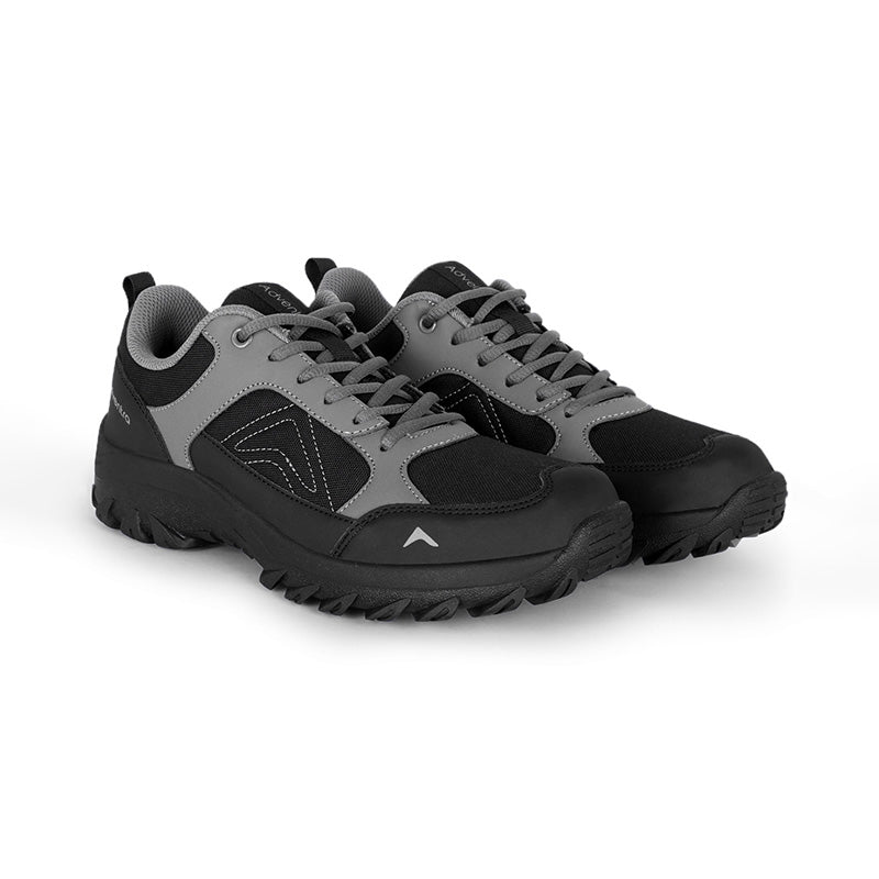 Adventra men's low ankle hiking shoes in gray and black with sturdy sole and breathable material for outdoor adventures.