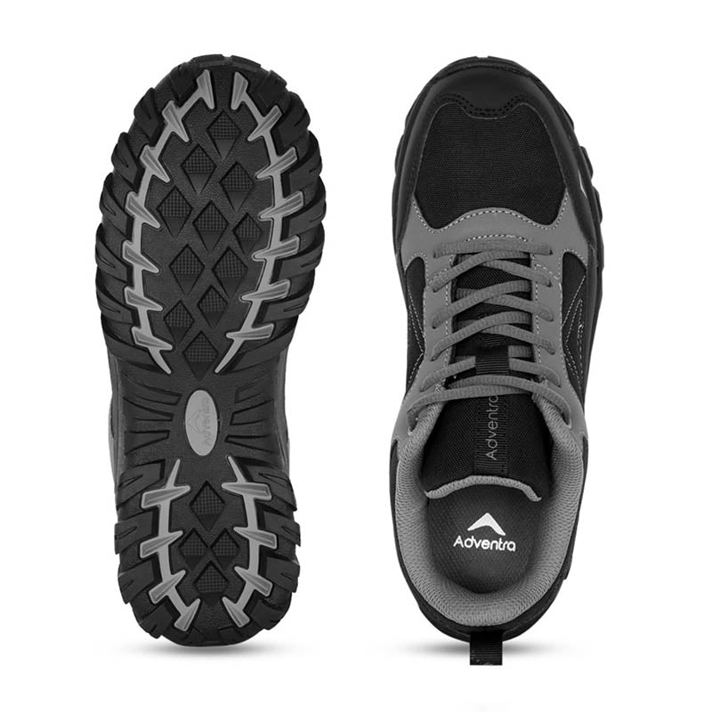 Adventra men's low ankle hiking shoes in gray and black with rugged soles, suitable for outdoor adventures.