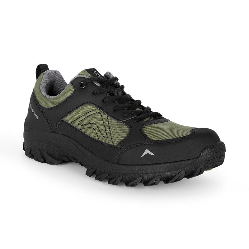 Green Adventra men's low ankle hiking shoes with durable design and rugged soles, suitable for outdoor hiking adventures.
