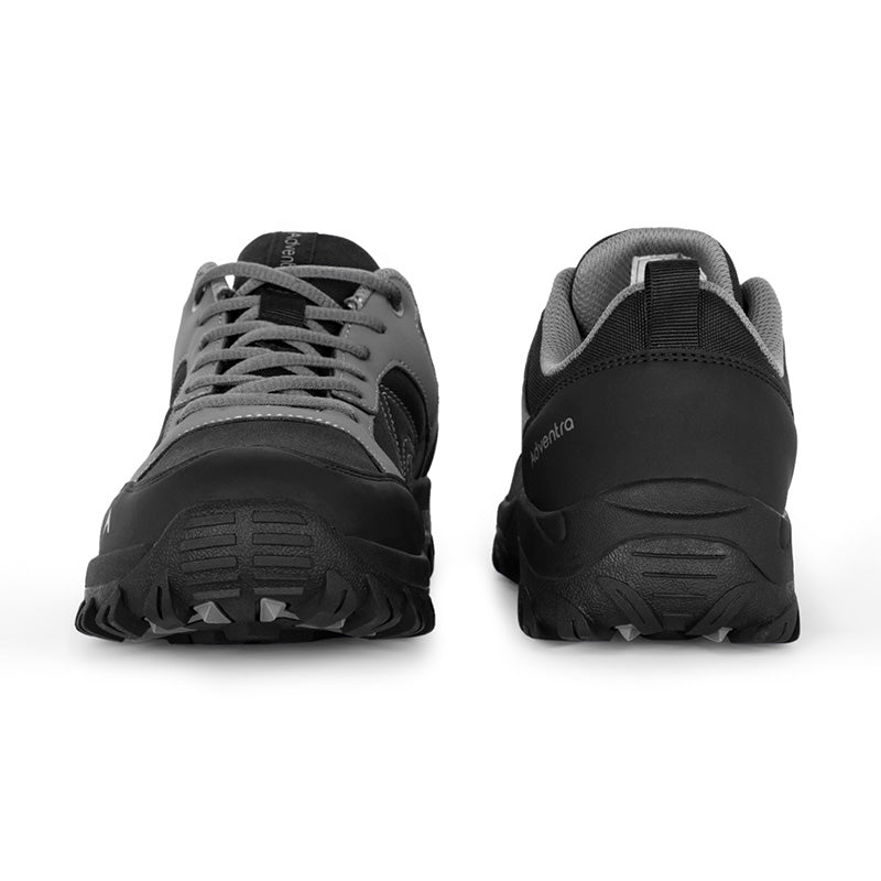Adventra men's low ankle hiking shoes in gray and black with rugged soles, designed for outdoor hiking comfort.
