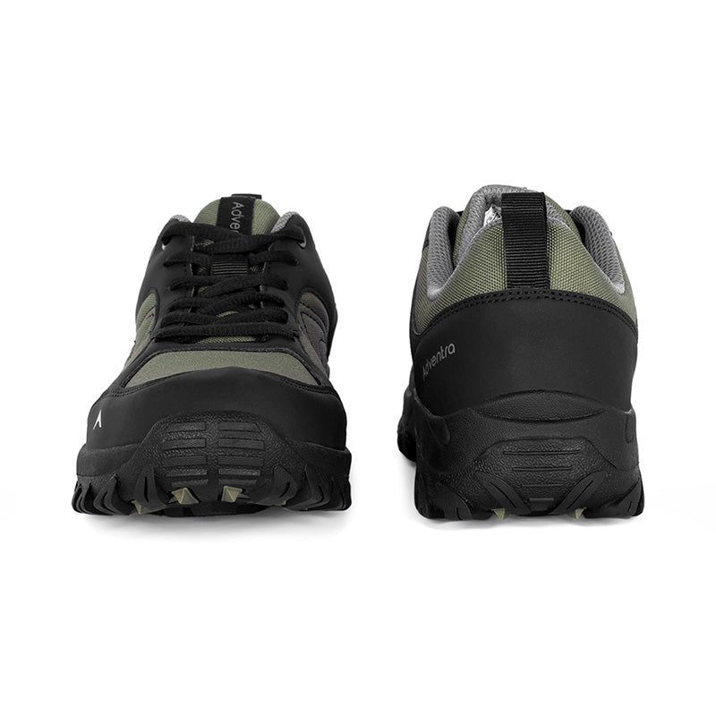 Adventra men's low ankle hiking shoes in green with sturdy sole and breathable material, designed for outdoor hiking adventures.